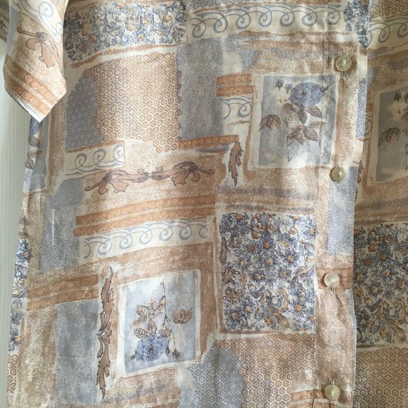 Vintage Floral Beige 100 % Silk Short Sleeve Shirt - Picture 4 of 8